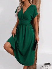V Neck Short Sleeves Ruched Smocked A-Line Midi Dress