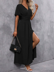 V Neck Flare Sleeves Smocked Slit Maxi Dress