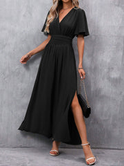 V Neck Flare Sleeves Smocked Slit Maxi Dress
