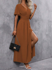 V Neck Flare Sleeves Smocked Slit Maxi Dress