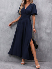 V Neck Flare Sleeves Smocked Slit Maxi Dress