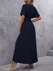 V Neck Flare Sleeves Smocked Slit Maxi Dress