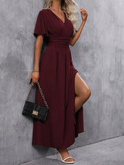 V Neck Flare Sleeves Smocked Slit Maxi Dress