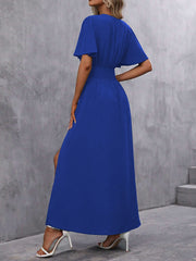 V Neck Flare Sleeves Smocked Slit Maxi Dress