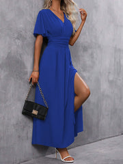 V Neck Flare Sleeves Smocked Slit Maxi Dress