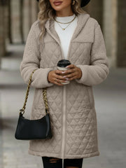 Hooded Zipper Long Sleeves Fleece Patchwork Quited Coat