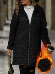 Hooded Zipper Long Sleeves Fleece Patchwork Quited Coat