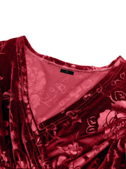 Velvet Floral Textured V Neck Long Sleeves Maxi Dress