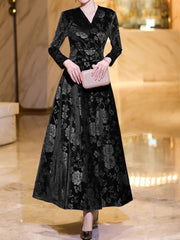 Velvet Floral Textured V Neck Long Sleeves Maxi Dress