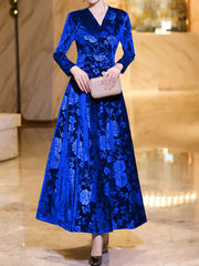 Velvet Floral Textured V Neck Long Sleeves Maxi Dress