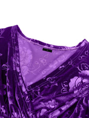 Velvet Floral Textured V Neck Long Sleeves Maxi Dress