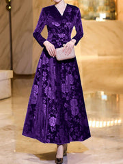 Velvet Floral Textured V Neck Long Sleeves Maxi Dress