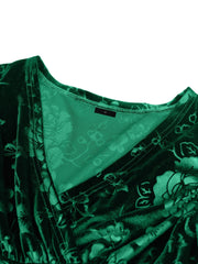 Velvet Floral Textured V Neck Long Sleeves Maxi Dress