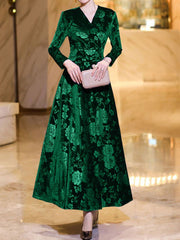 Velvet Floral Textured V Neck Long Sleeves Maxi Dress