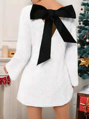Sequined Back Bow Bell Sleeves Boat Neck Mini Dress