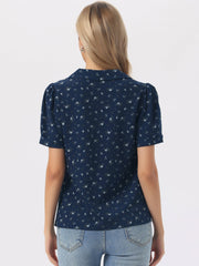 Short Sleeve Casual Cherry Print Notched Lapel Collar Shirt Blouse