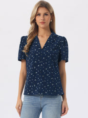 Short Sleeve Casual Cherry Print Notched Lapel Collar Shirt Blouse