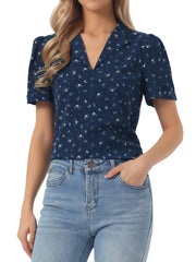 Short Sleeve Casual Cherry Print Notched Lapel Collar Shirt Blouse
