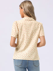 Short Sleeve Casual Cherry Print Notched Lapel Collar Shirt Blouse