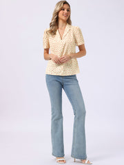 Short Sleeve Casual Cherry Print Notched Lapel Collar Shirt Blouse