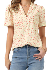 Short Sleeve Casual Cherry Print Notched Lapel Collar Shirt Blouse