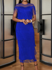 Tasseled Fringed Illusion Neck Slit Midi Cocktail Dress