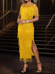 Tasseled Fringed Illusion Neck Slit Midi Cocktail Dress