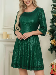 Sequined 3/4 Sleeves Babydoll Tiered Mini Dress