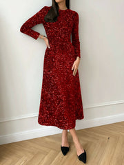 Velvet Sequin Crew Neck Long Sleeves A-Line Midi Dress