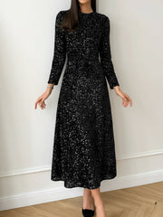 Velvet Sequin Crew Neck Long Sleeves A-Line Midi Dress
