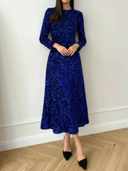 Velvet Sequin Crew Neck Long Sleeves A-Line Midi Dress