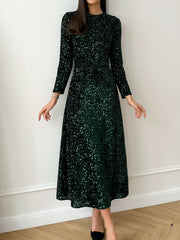 Velvet Sequin Crew Neck Long Sleeves A-Line Midi Dress