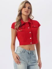 Summer Button Down Cap Short Sleeve Cropped Jean Denim Jacket