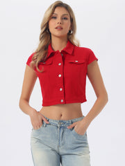Summer Button Down Cap Short Sleeve Cropped Jean Denim Jacket