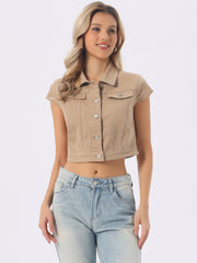 Summer Button Down Cap Short Sleeve Cropped Jean Denim Jacket