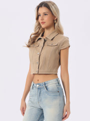 Summer Button Down Cap Short Sleeve Cropped Jean Denim Jacket