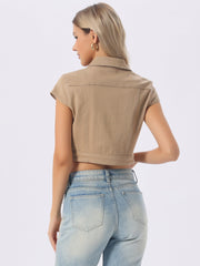 Summer Button Down Cap Short Sleeve Cropped Jean Denim Jacket