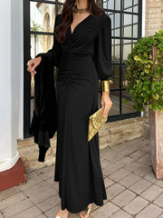 Ruched Deep V Neck Puff Sleeves Maxi Evening Dress