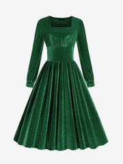 Square Neck Long Sleeve Velvet Christmas A-Line Dress