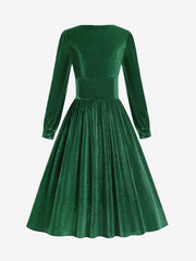 Square Neck Long Sleeve Velvet Christmas A-Line Dress