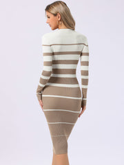Striped Long Sleeve Crew Neck Bodycon Ribbed Knit Sweater Dress