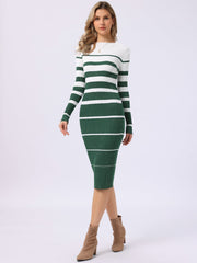 Striped Long Sleeve Crew Neck Bodycon Ribbed Knit Sweater Dress