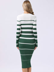 Striped Long Sleeve Crew Neck Bodycon Ribbed Knit Sweater Dress