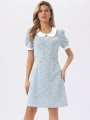 Tweed Peter Pan Collar Puff Short Sleeve A-line Midi Dress