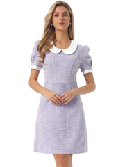 Tweed Peter Pan Collar Puff Short Sleeve A-line Midi Dress