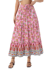 Boho Casual Bohemian Floral Printed Elastic Waist Maxi Skirt