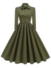 Bow Tie Neck Button Down Midi Swing Dress