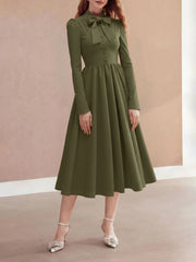 Bow Tie Neck Button Down Midi Swing Dress