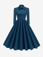 Bow Tie Neck Button Down Midi Swing Dress