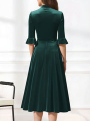 Vintage Velvet Ruffled Sleeves Bow Tie Midi Swing Dress